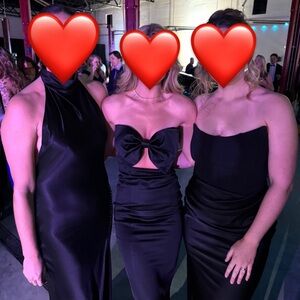 Strapless Black Satin Dress with Front Bow Accent